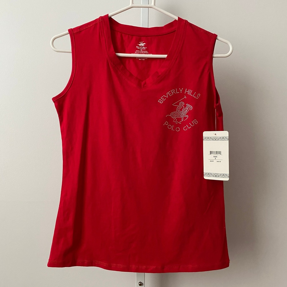 Beverly Hills Polo Club Cotton Sporty Chic Rhinestone Tank Top S‎ Red